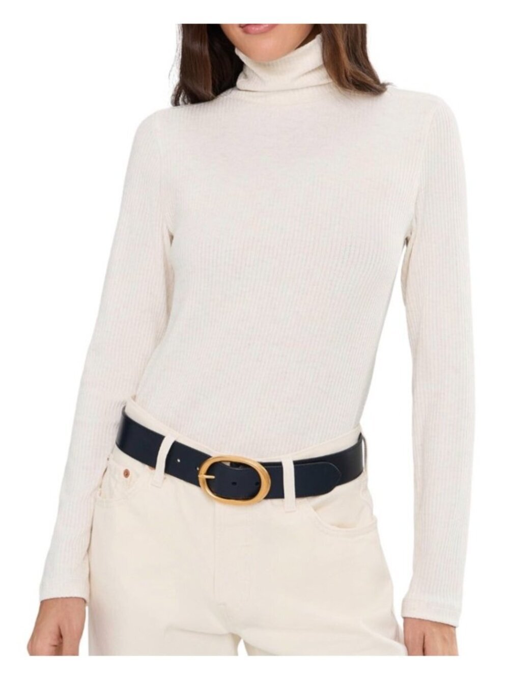 Madewell Coverstitch Turtleneck Drapey Rayon Rib Top~Size S~Heather Cream L11 03